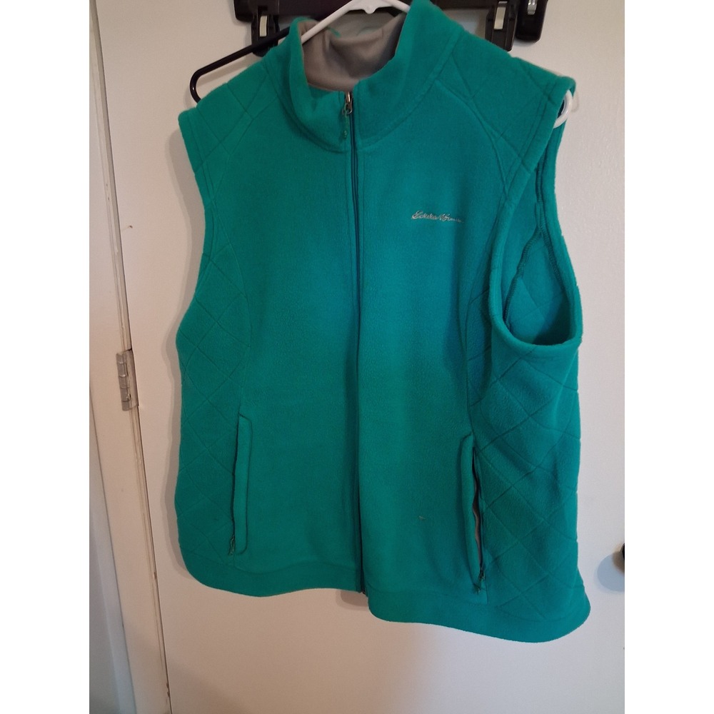 Eddie Bauer Womens 2XL Teal Green Fleece Full Zip Quilted Side Vest Mock Neck